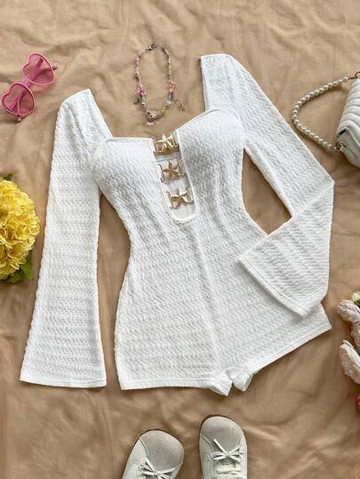 Soleia Women's Vacation White Knit Textured Camisole Jumpsuit With Front Hollow And Metal Starfish Decor, Fitted, For Party, Date, Afternoon Tea, Bohemian, Boho, Romantic Floral, Vacation, Floral White Playsuit Long Sleeve Playsuit