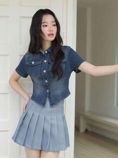 SHEIN Unity 女士秋季休闲牛仔上衣，前开襟短袖牛仔上衣，韩版学院风，复古富家风
