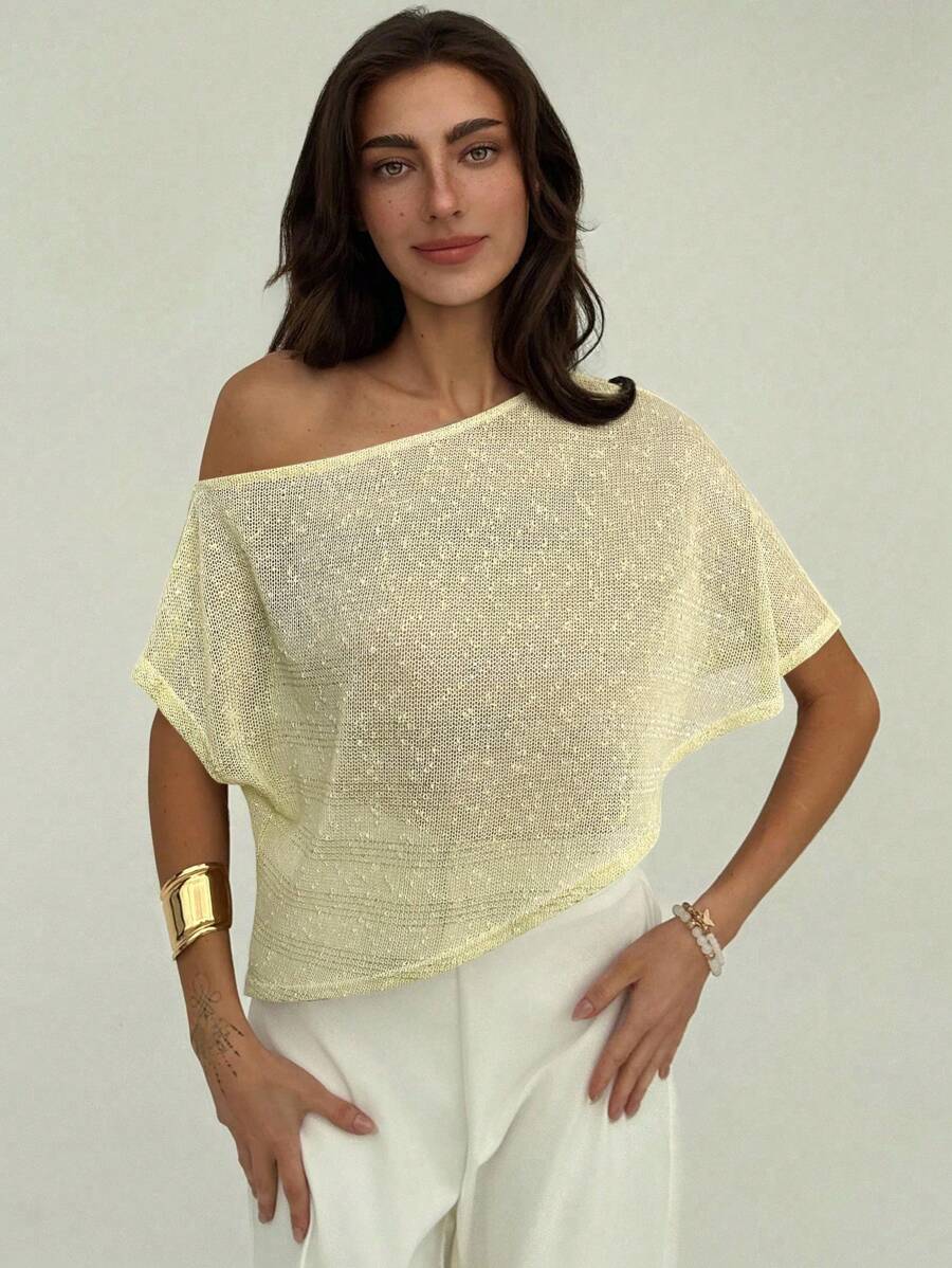 Aloruh 女式休闲纯色不对称领口蝙蝠袖宽松上衣，夏季