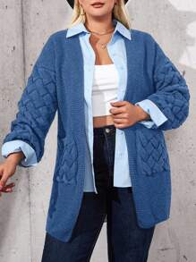 RueChic Große Größen Langärmlige Strickjacke mit offener Vorderseite und Doppeltaschen für Damen, Drop-Shoulder