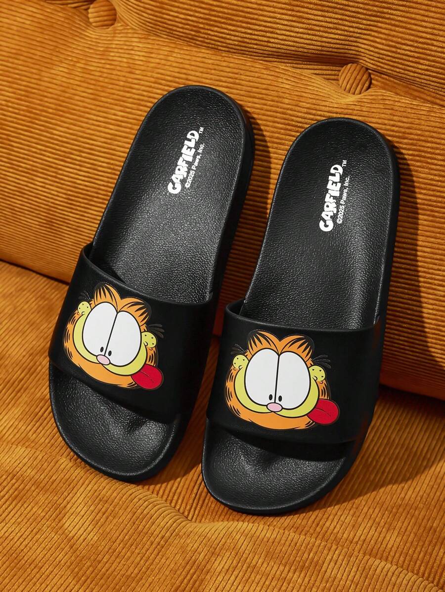 GARFIELD | SHEIN Cute & Fun Cartoon Cat PVC Slip-On Slippers, Suitable For Indoor/Outdoor Wear, Unisex - Black - View 1