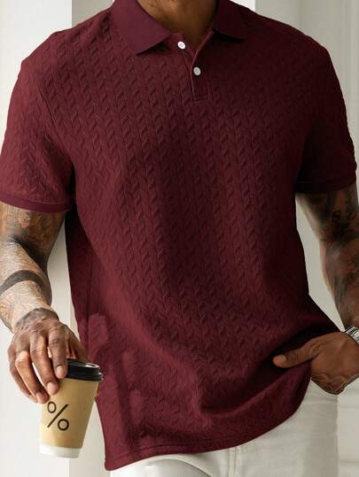 Manfinity Homme Men's Summer Casual Solid Color Textured Fabric Short Sleeve Polo Shirt