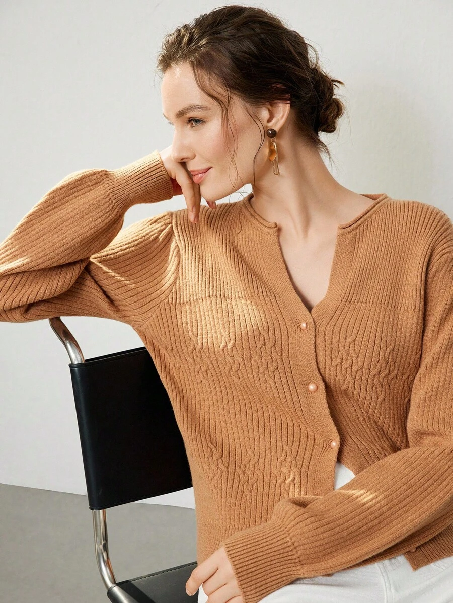 Uhlyne Women Casual Viscose Knit Solid Round Neck Commuter Elegant Cardigan For Summer & Autumn,Minimalist,Business Casual,Holiday Outfits,Work Wear,Teacher Outfits,Back To School,Fall,Old Money Style - Khaki - View 1