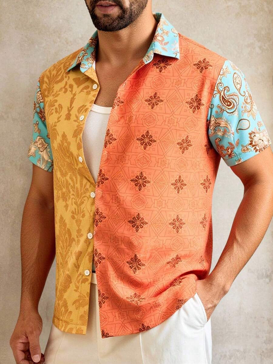 Manfinity VCAY 男士休闲拼布印花短袖衬衫，适合度假 - 彩色 - 查看 1