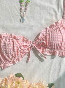 Swim Mod 女士格子褶饰比基尼上衣，甜美休闲性感沙滩装 - 粉色 - 查看 5