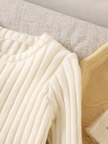 男婴纯色罗纹针织圆领长袖毛衣和裤子套装 - 米色 - 查看 5