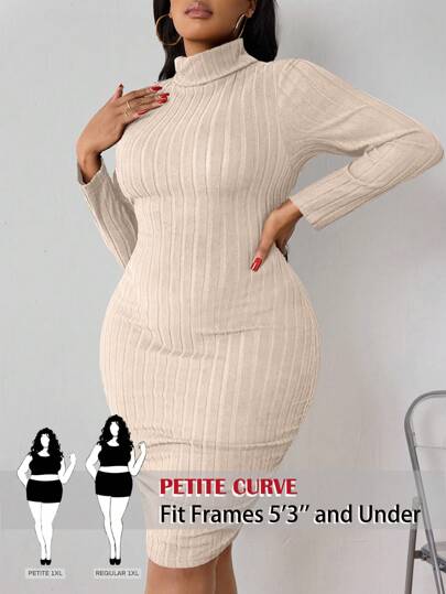 SHEIN PETITE CURVE 大码女式高领长袖纯色罗纹针织休闲连衣裙，秋季