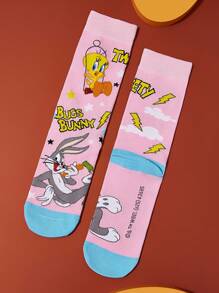 LOONEY TUNES X SHEIN 3 双柔软透气吸湿排汗休闲女士中筒袜，带有 Tweety & Sylvester 和时尚可爱的粉色和蓝色中筒袜，加固脚趾和脚跟，经久耐用，适合所有季节穿着 - 彩色 - 查看 12