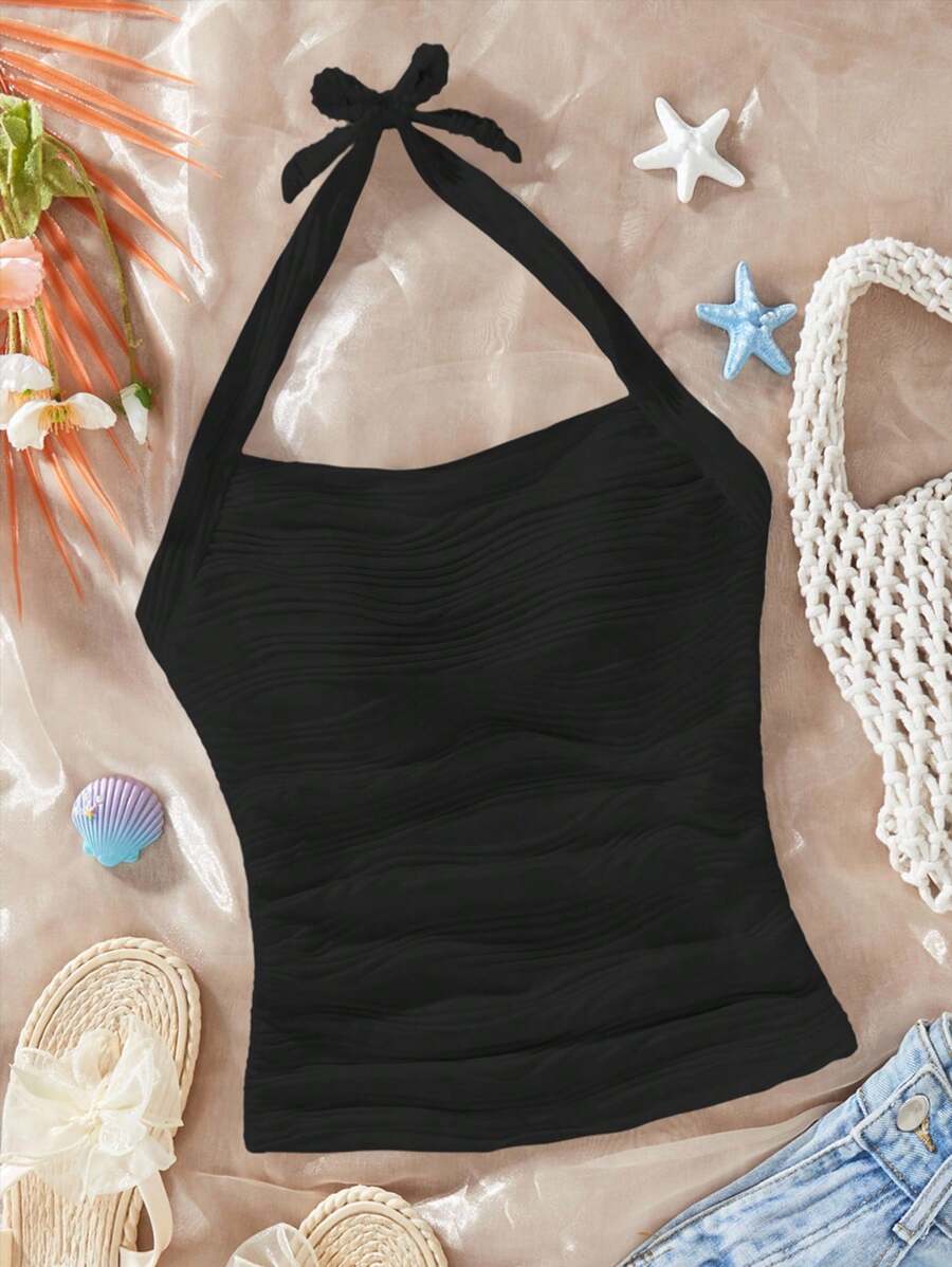 少女时尚可爱舒适波浪设计蝴蝶结吊带背心，适合春夏季外出和聚会