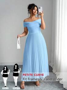 SHEIN PETITE 褶皱露肩设计加大码连衣裙，露肩生日礼服夏季女士服装优雅正式婚礼宾客礼服 - 藍色 - 查看 1