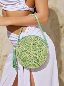 SHEIN SXY Quý cô, Túi cầm tay nữ, Túi rơm, Thời trang, Thanh lịch, Đơn giản, Cá nhân hóa, Đa năng, Hình quả chanh, Hình trái cây, Dành cho bãi biển, Kỳ nghỉ, Ngày lễ, Mùa hè, Bên bờ biển - màu xanh lá - Xem 2