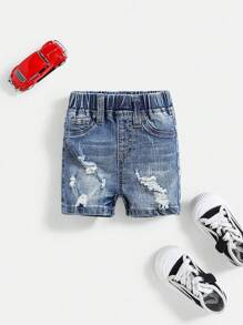 SHEIN Pantalones cortos elásticos de mezclilla azul desgastados y rasgados con estilo callejero vintage para niños, para el otoño, para el streetwear de bebé, de vuelta a la escuela - Azul lavado medio - Ver 3