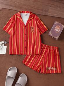 HARRY POTTER X SHEIN 青少年女孩复古校园风格勃艮第格兰芬多条纹印花衬衫和短裤两件套家居服睡衣套装，适合夏季 - 酒紅色 - 查看 6