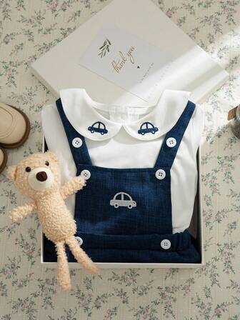 Souflis Souflis Conjunto de moda callejera elegante y adorable para niños pequeños, con blusa de manga larga con cuello Peter Pan y estampado bordado, y mono con tirantes con bordado, para la primavera y el otoño