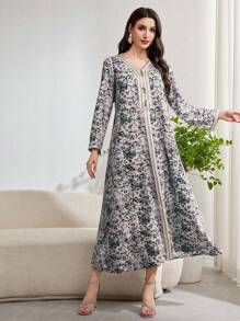 Al Najma Women Floral Print Patchwork Strap Loose Arabian Long Dress - Multicolor - View 6
