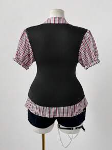 Flirla Plus Size Plaid Patchwork Cinched Waist Short Sleeve Shirt - Multicolor - View 5