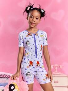 THE POWERPUFF GIRLS X SHEIN Tween Girls Cartoon Blossom, Bubbles, Buttercup & Star Print Purple Sweet Summer Breathable Short Sleeve Romper Snug Fit Pajamas - Multicolor - View 5