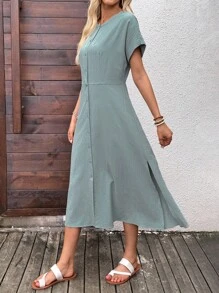 EMERY ROSE Vestido largo casual de mujer de un solo pecho de manga corta y cuello redondo de unicolor para otoño, ropa de mujer de otoño, vestidos de otoño para mujer, atuendos de otoño para mujer, ropa de otoño e invierno para mujer, atuendos de otoño para maestras, blusas para salir de mujer, ropa casual de negocios para mujer, atuendos casuales de negocios para mujer, atuendos casuales de negocios para mujer, atuendos de campo para mujer, ropa básica de dinero antiguo para maestras, blusas para salir de mujer, ropa de otoño para mujer de vuelta a la escuela - Verde Oscuro - Ver 6