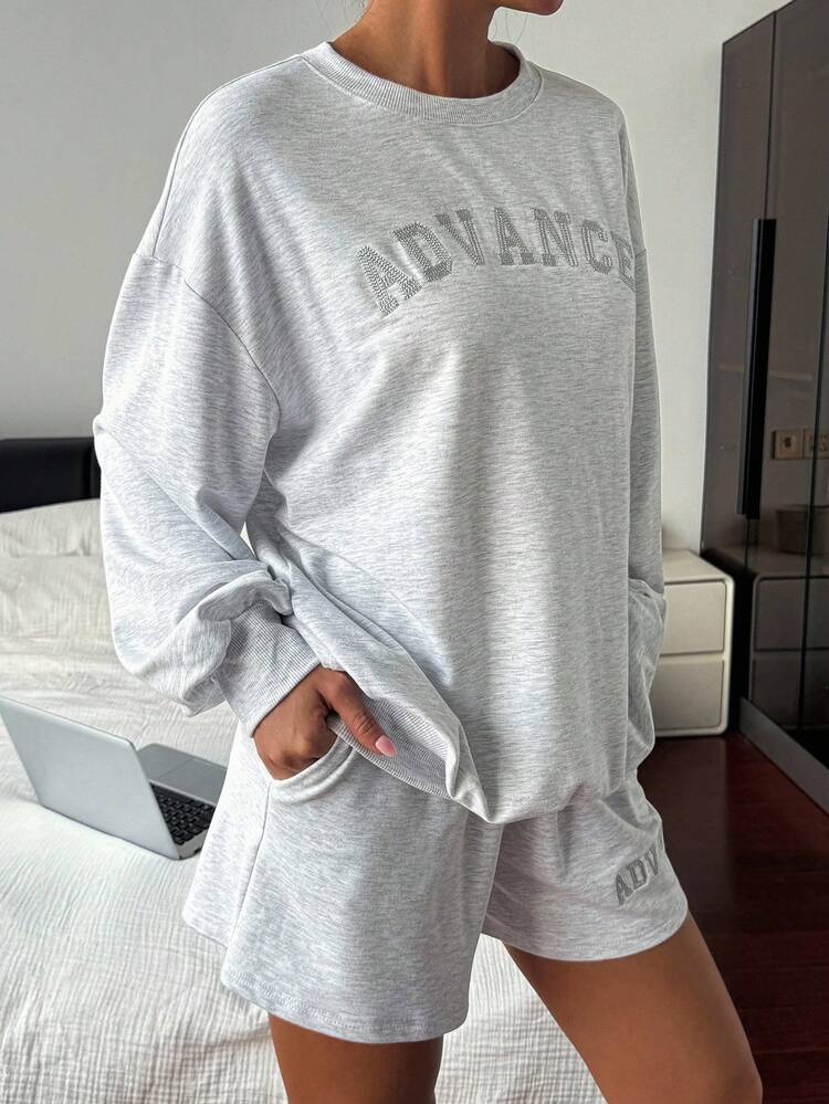 Women Round Neck Long Sleeve Loose Shorts 2 Pieces Set Lounge Sets For Women