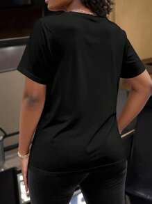 Maweii Plus Size Women Slogan & Wineglass Printed Round Neck Short Sleeve Casual Summer T-Shirt - Black - View 2