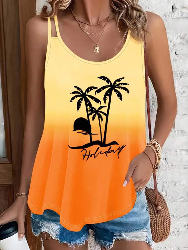 SHEIN LUNE Plus Size Women's Casual Vacation Ombre Palm Tree & Letter Graphic Print Camisole