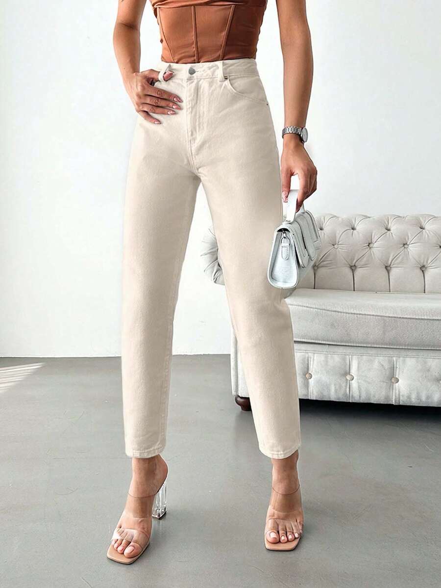 女式休闲纯色斜口袋锥形牛仔裤 - 米色 - 查看 1
