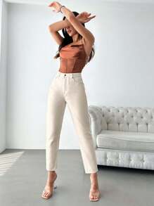 女式休闲纯色斜口袋锥形牛仔裤 - 米色 - 查看 5