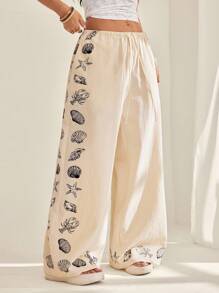 SHEIN PETITE 女士休闲假日贝壳和海星印花宽松裤