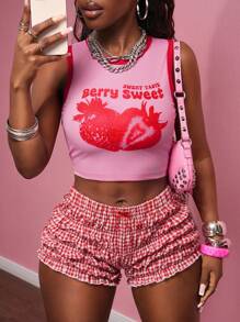 Slaydiva 2025 夏季新款街头休闲修身短款粉色和红色草莓水果图案背心+红白格子褶皱短裤女两件套，适合日常外出、节日派对、音乐节、旅行、毕业装、朋友聚会、生日派对、海滩、机场装、度假、波西米亚风、返校-A - 紅白色 - 查看 5