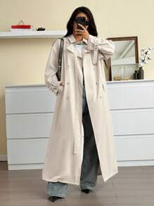 SHEIN EZwear 大码休闲通勤纯色双排扣风衣 - 杏色 - 查看 1