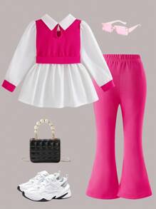 Young Girls 2 Pieces Set, Pearl Decor Fitted Long Sleeve Shirt & Slim Flared Pants, Spring/Autumn Fall Winter - Hot Pink - View 4