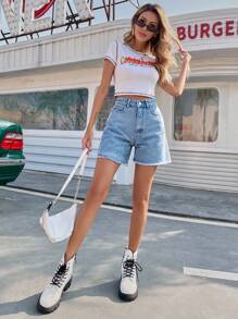 SHEIN Frenchy Shorts de mezclilla con dobladillo sin rematar sólido, shorts de madre