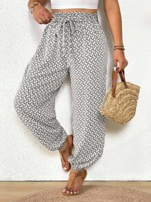 SHEIN Frenchy 大码女式几何印花系腰宽松哈伦裤 - 白色 - 查看 1