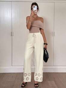 Siren Gaze Quần áo nữ mùa thu phong cách Old Money kinh doanh thường ngày quần ống rộng rộng rãi cho phụ nữ 2025 thời trang mùa thu mới phải có - Có hoa cắt laser thắt eo quần chun eo cho công sở văn phòng giáo viên đi làm hàng ngày - trắng - Xem 6