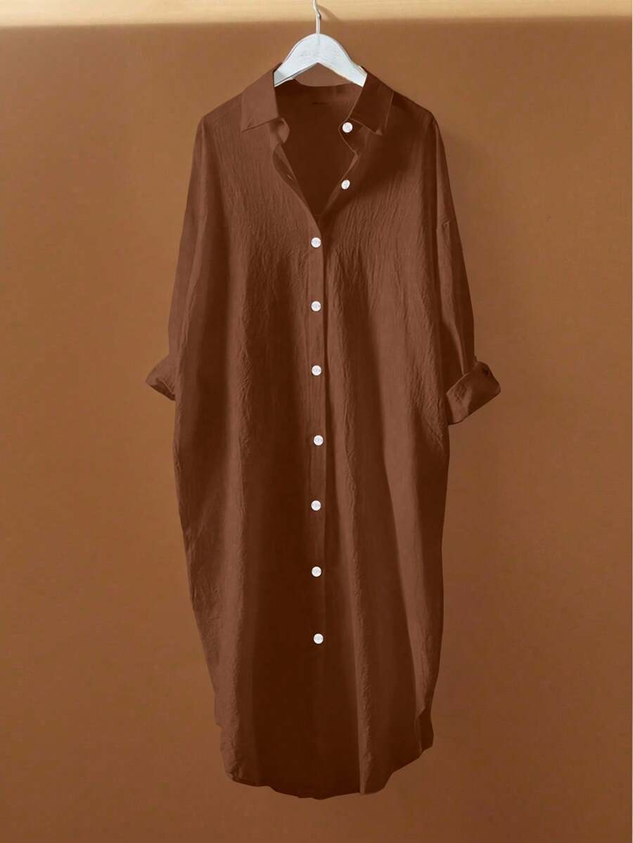 Pleated Long Button Dropped Shoulder Women Blouse Fall Cloth For Women - Brown - View 1