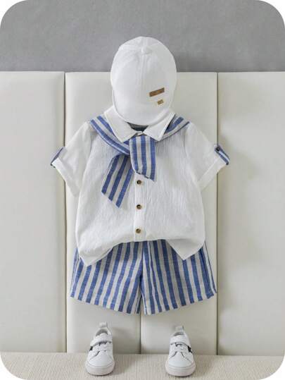 SHEIN Young Boy Casual Stripe Cape & Patchwork 2-In-1 Short Sleeve Shirt And Shorts Set, College Style