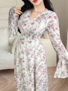 Modelyn 女式花卉印花撞色蕾丝喇叭袖优雅连衣裙 - 白色 - 查看 4
