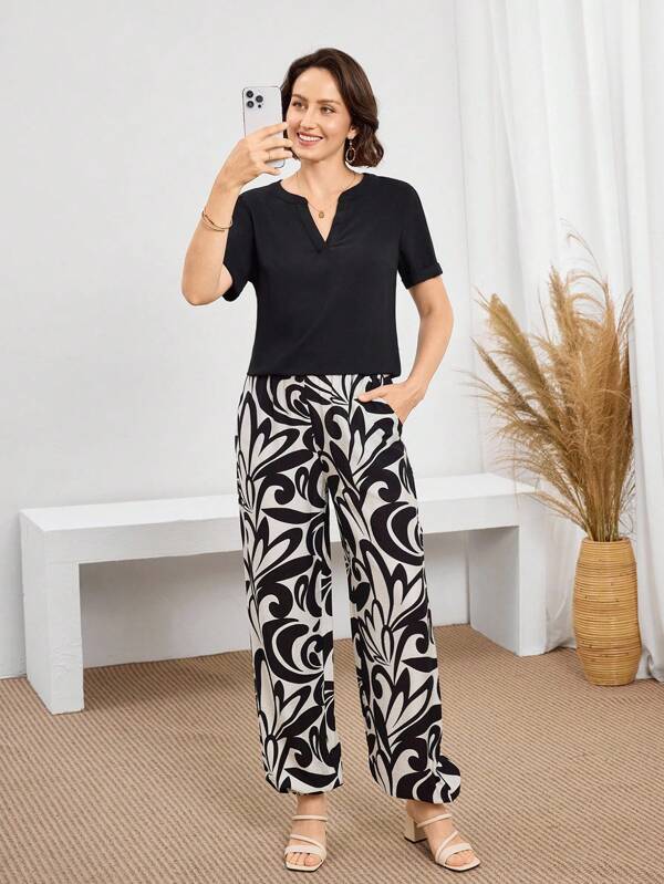 Miaspire 2pcs Women Print Outfit - Black Top And Printed Pants Set