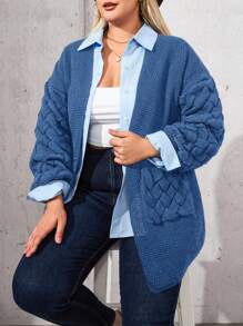 RueChic Große Größen Langärmlige Strickjacke mit offener Vorderseite und Doppeltaschen für Damen, Drop-Shoulder