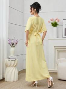 Yasmyna 中东阿拉伯风格黄色V领修腰修身连衣裙，夏季新款女士 - 黃色 - 查看 2