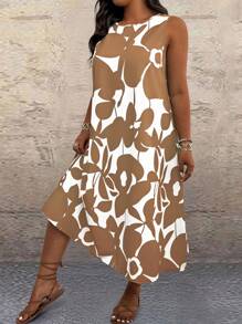 EMERY ROSE Plus Size Allover Allover Print Sleeveless Round Neck Casual Summer Dress - Khaki - View 5