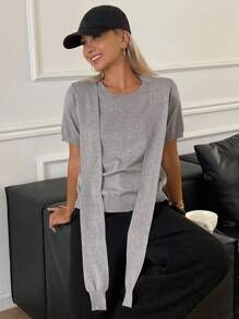 Livesso Women's 2 In 1 Tie-Waist Patchwork Short Sleeve Round Neck Short Knit Sweater, Casual & Chic