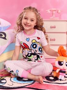 THE POWERPUFF GIRLS X SHEIN Young Girl Cartoon Pink Blossom, Bubbles, Buttercup Pattern Cute Short Sleeve T-Shirt And Pants Pajama Set - Multicolor - View 6