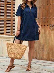 SHEIN PETITE CURVE Plus Size Summer Fall Clothes Autumn Clothes Back To School Homecoming Cute 2000s Style Teacher Outfits For Women Airport Outfit For Women Modest Old Money Tulum Women Half Zip Up Collar Loose Denim Blue Dress For Summer Birthday Dresses For Women Dresses For Women Elegant Vacation Dress Old Money Dress Modest Dress