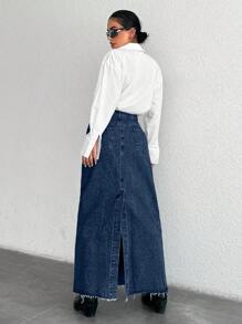 EURMUSE Women's Pockets & Frayed Hem Straight Casual Long Denim Skirt - Dark Wash - View 2