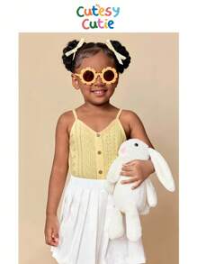 女童纯色纽扣设计针织吊带背心 - 黃色 - 查看 6