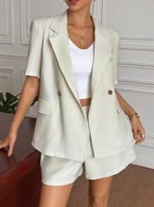 DAZY Casual Solid Color Blazer And Shorts 2-Piece Suit Set For Women Business Attire - Apricot - View 1