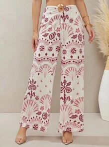 L'Amorae 女士节日花卉印花圆腰阔腿裤 - 紅白色 - 查看 3