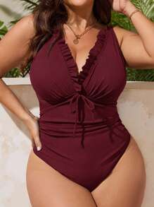Swim Lushoire Plus Size Women One-Piece Swimsuit With Ruched Butterfly Accent Waist, Casual Vacation For Summer - Burgundy - View 1