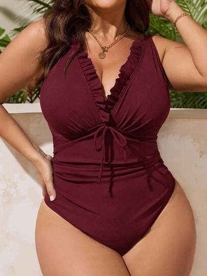 Swim Lushoire Plus Size Women One-Piece Swimsuit With Ruched Butterfly Accent Waist, Casual Vacation For Summer